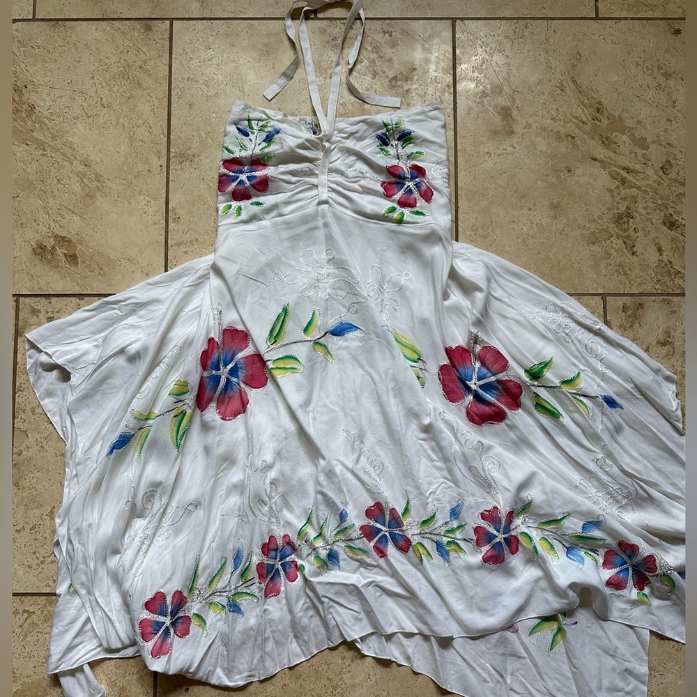 Handkerchief dress white with floral design. NWT. Sunrise Beachwear coverup